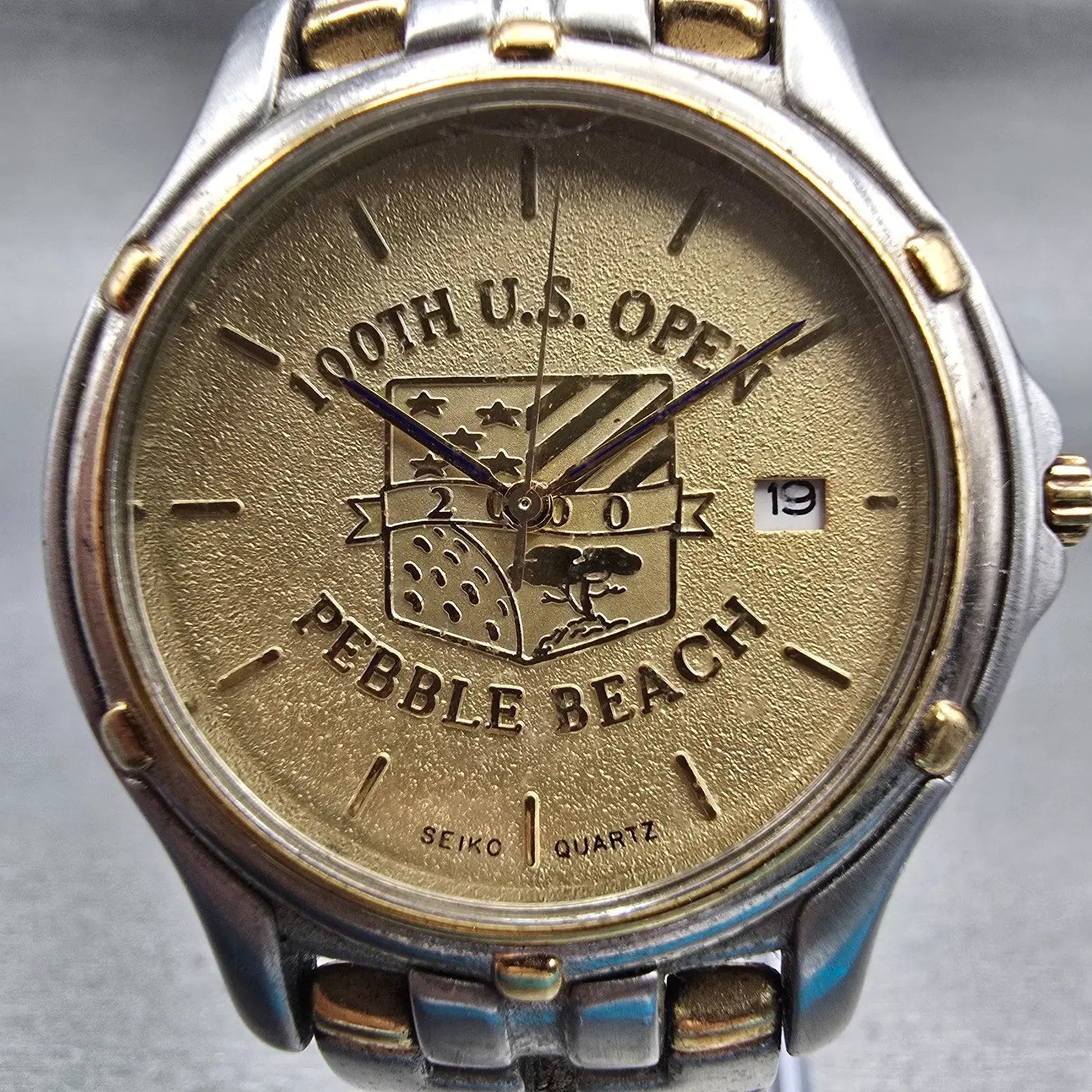 Seiko Watch Men 36mm Champagne Dial Two Tone 7N32-0049 100th US Open New Battery1