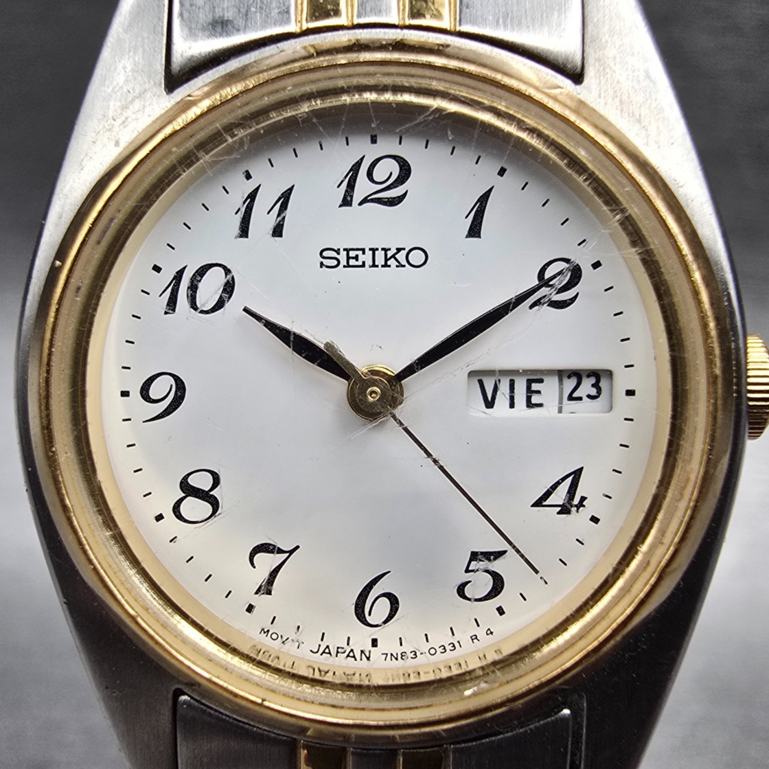 Seiko Watch Women 24mm White Dial Two Tone Daydate Round 7N83-0011 New Battery X1
