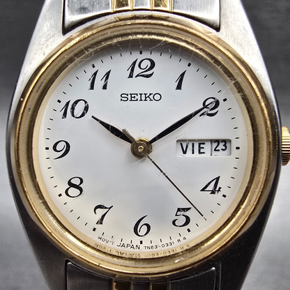 Seiko Watch Women 24mm White Dial Two Tone Daydate Round 7N83-0011 New Battery X1