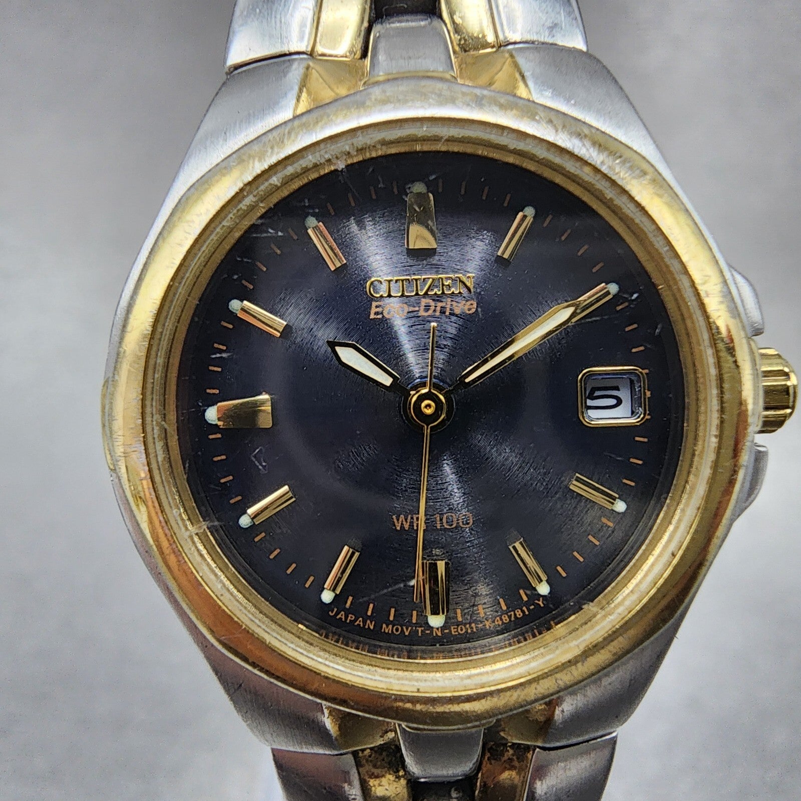 Citizen EcoDrive Watch Women 24mm Blue Dial Two Tone Date E011K15711 Runs1