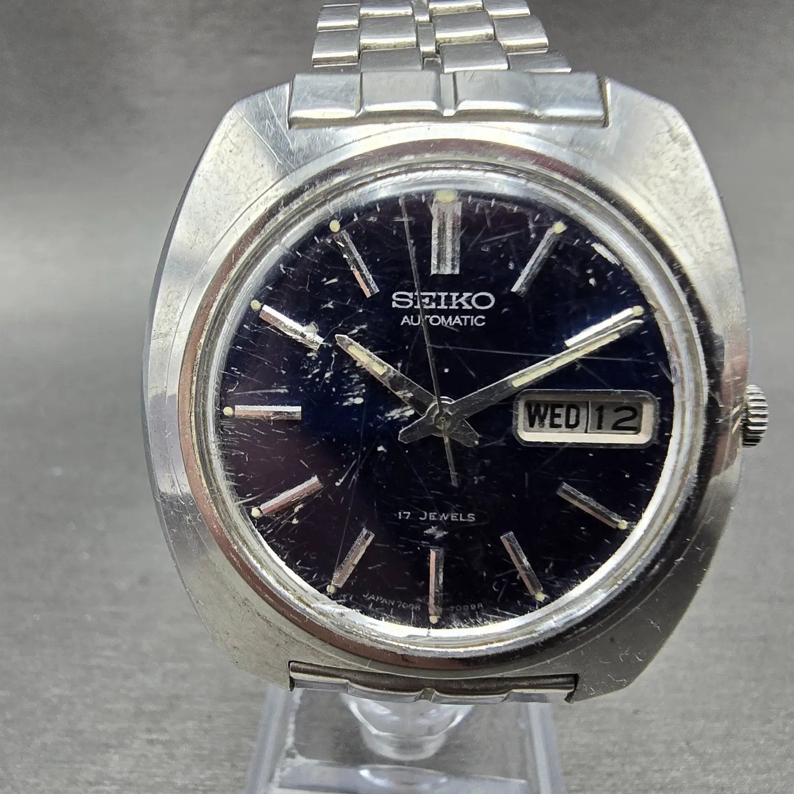 Seiko Automatic Watch Men 39mm Blue Dial Silver Tone Daydate 7006-7007 Runs VTG0