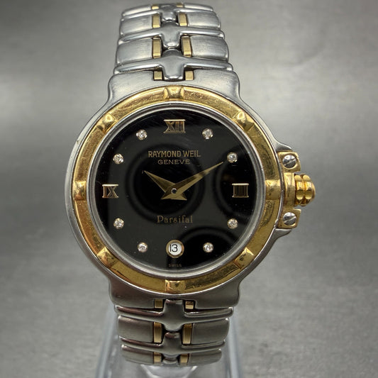 Raymond Weil Parsifal Watch Women 27mm Black Dial Two Tone Date 9990 New batt AB0