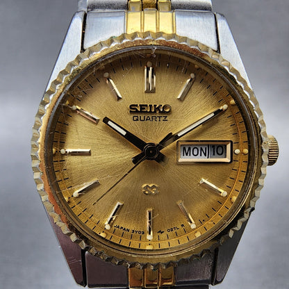Seiko SQ Watch Women 24mm Gold Dial Two Tone Daydate 24mm Round New Battery J1231