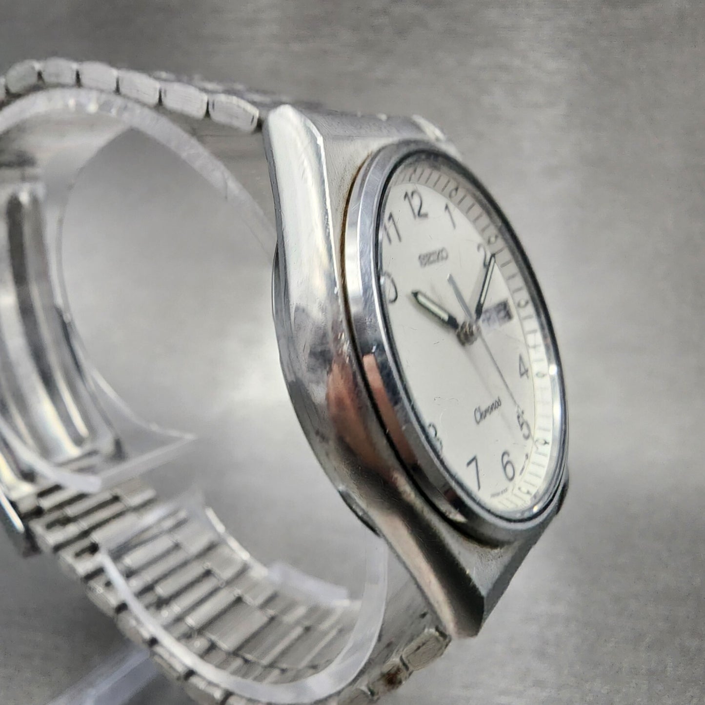 VTG Seiko Chronos Watch Men 33mm White Dial Silver Tone Daydate Round New Batt3