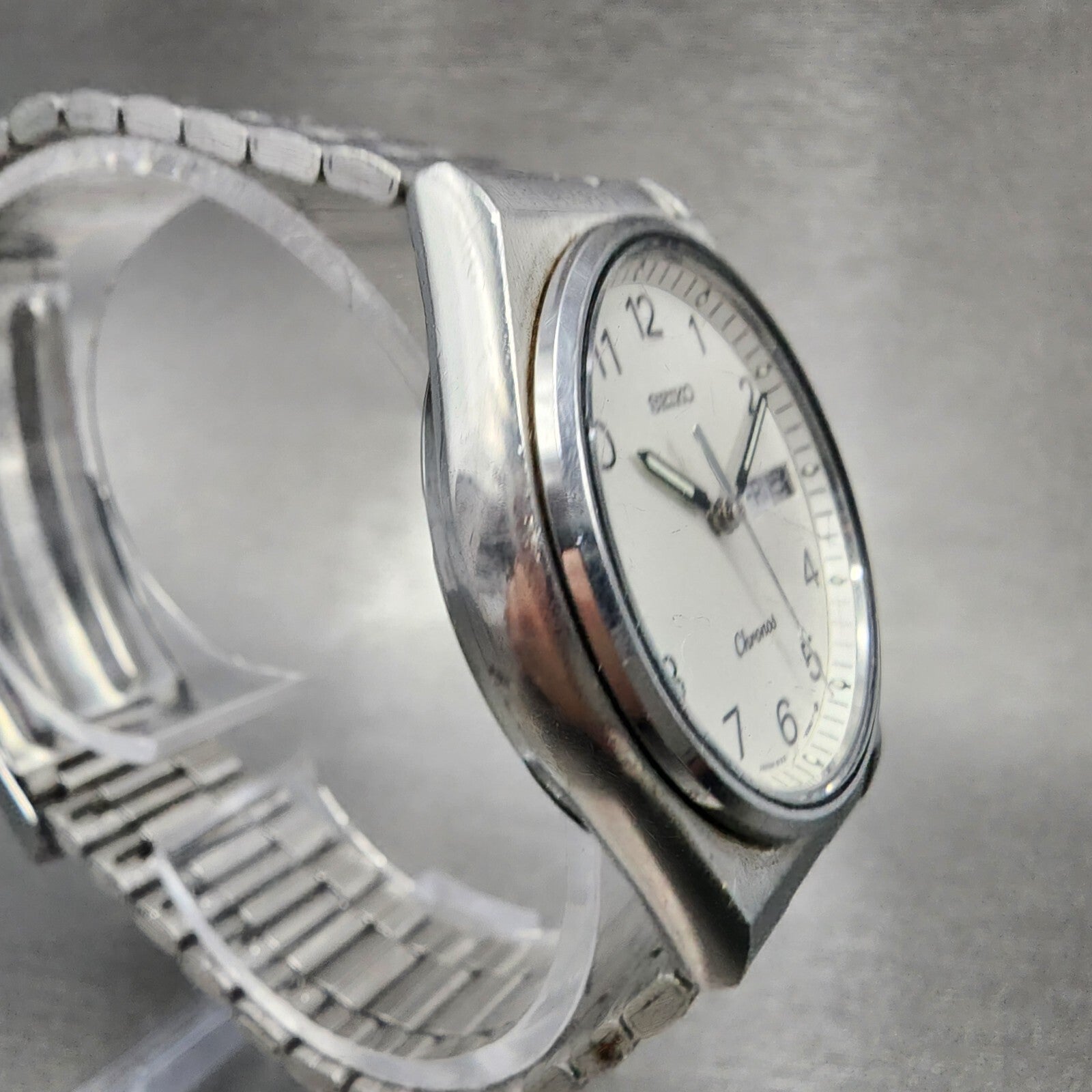 VTG Seiko Chronos Watch Men 33mm White Dial Silver Tone Daydate Round New Batt3