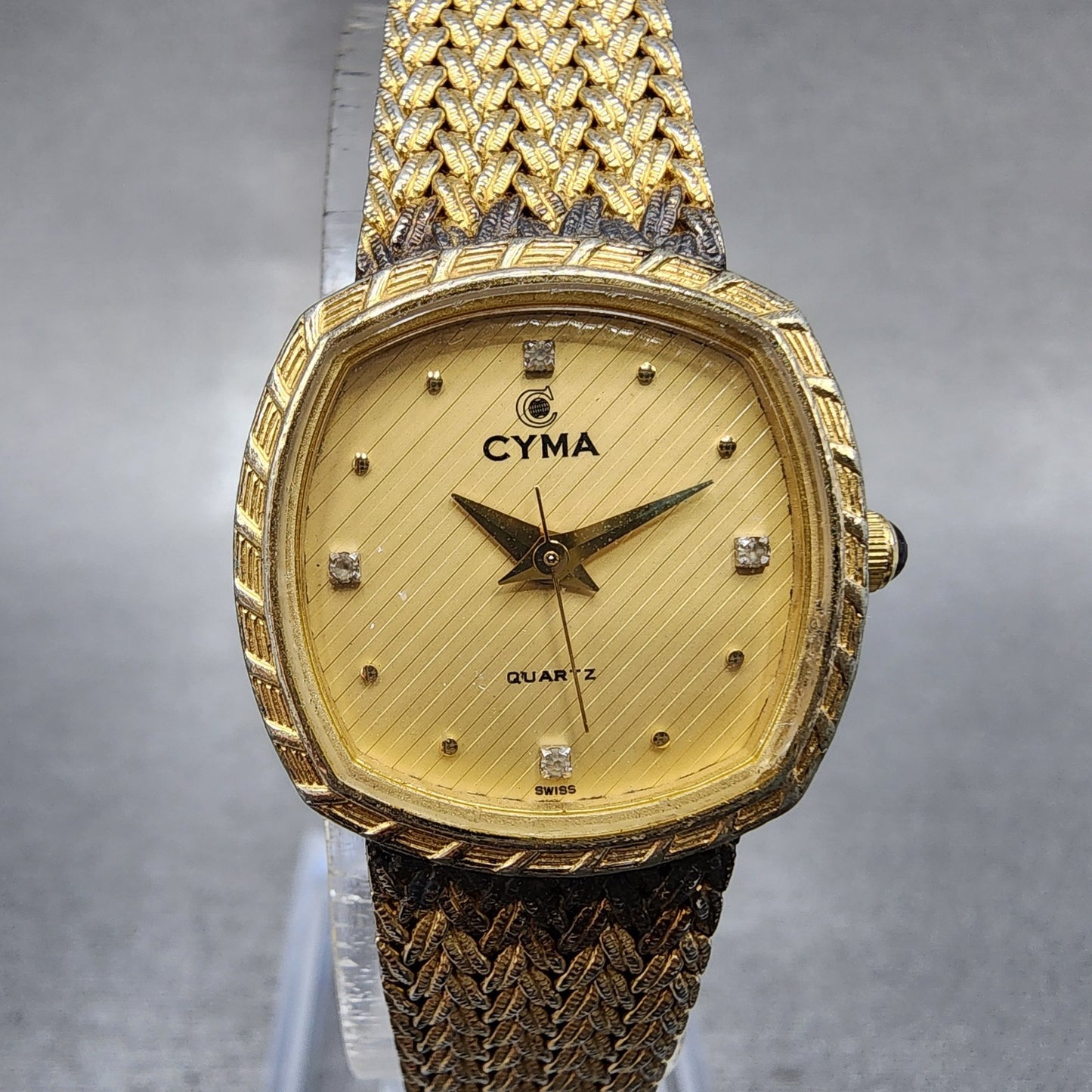 Cyma Watch Women 22mm Gold Dial Gold Tone Rectangle 616 New Battery Vintage0
