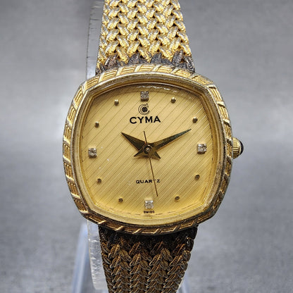 Cyma Watch Women 22mm Gold Dial Gold Tone Rectangle 616 New Battery Vintage0