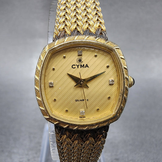 Cyma Watch Women 22mm Gold Dial Gold Tone Rectangle 616 New Battery Vintage0