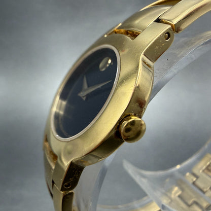 Movado Amorosa Watch Women 24mm Black Dial Gold Tone Round 88 E4 1842 New Batter2