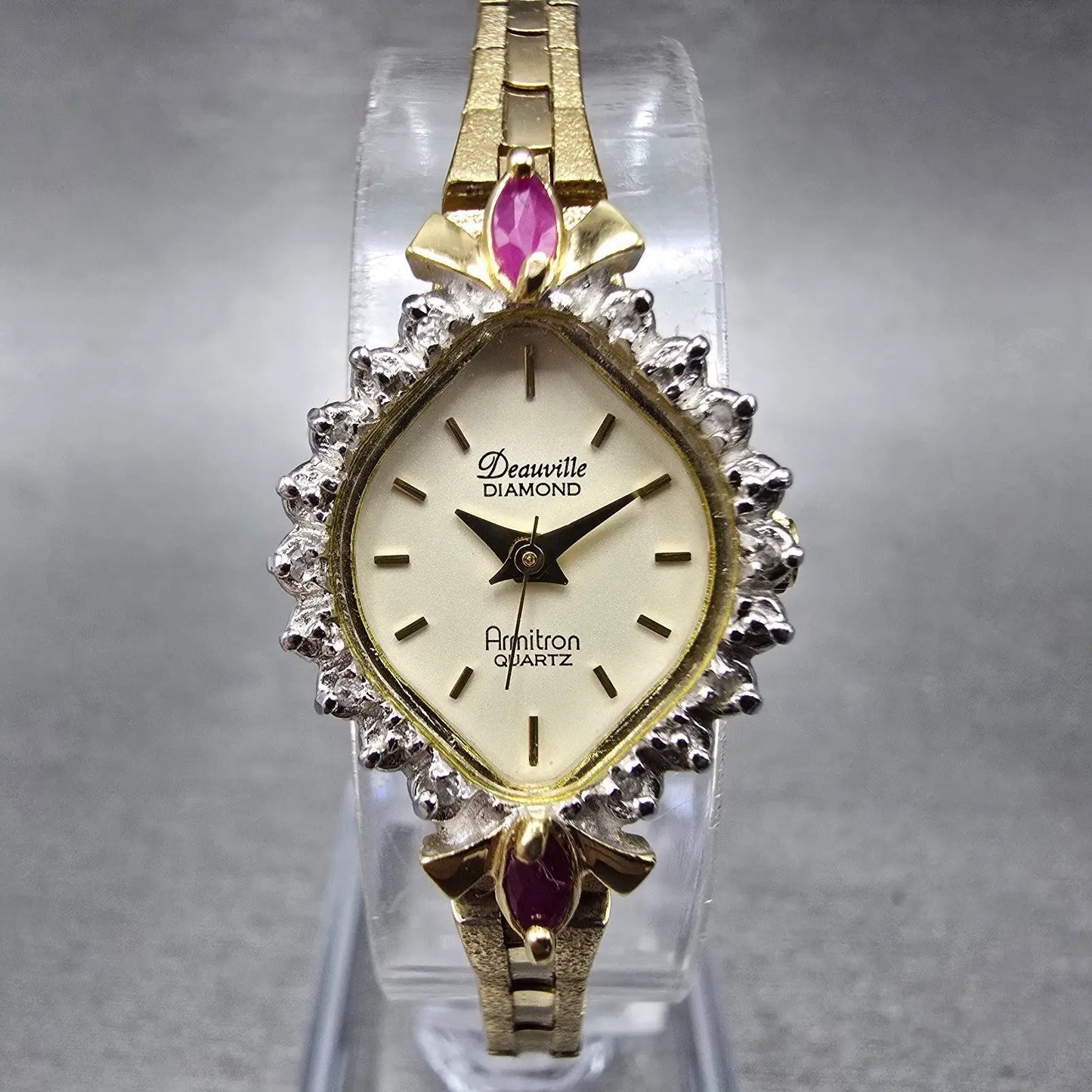 Armitron Deauville Diamond Watch Women 15mm Gold Dial Gold Ruby Oval New Battery0