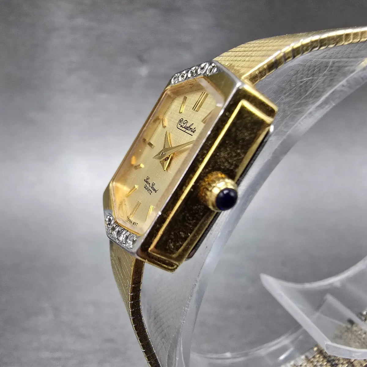 Lucien Piccard Dufonte Tank Watch Women 16mm Gold Dial Gold Tone Hexagon NewBatt2