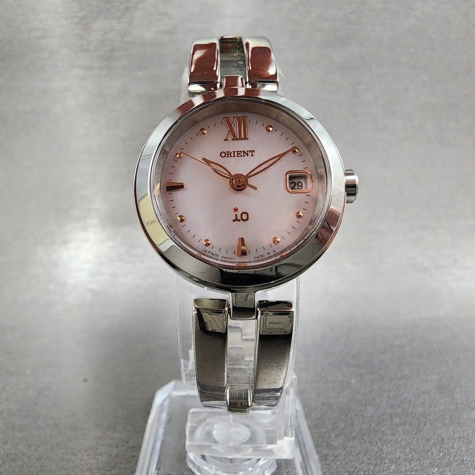Orient IO Solar Watch Women 24mm MOP Dial Silver Tone Date Round KN70UAA0 Runs6