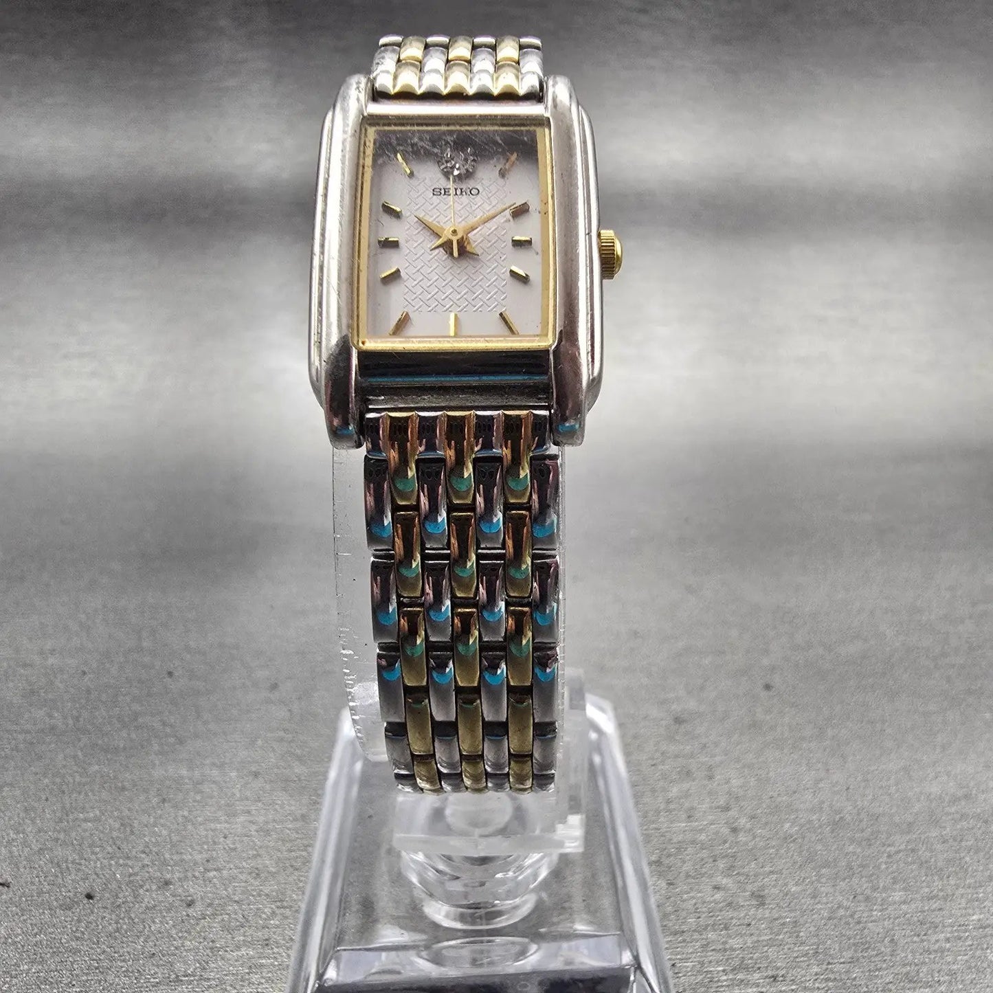 Seiko Watch Women 18mm Silver Dial Two Tone Rectangle V401-5660 New Battery VTG5