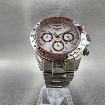 Technos Chronograph Watch Men 39mm White Dial Steel Round TGM615 New Battery