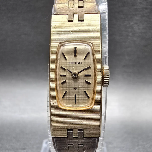 Seiko Tank Watch Women 12mm Gold Dial Gold Tone Rectangle 1520-3339 Manual Wind0