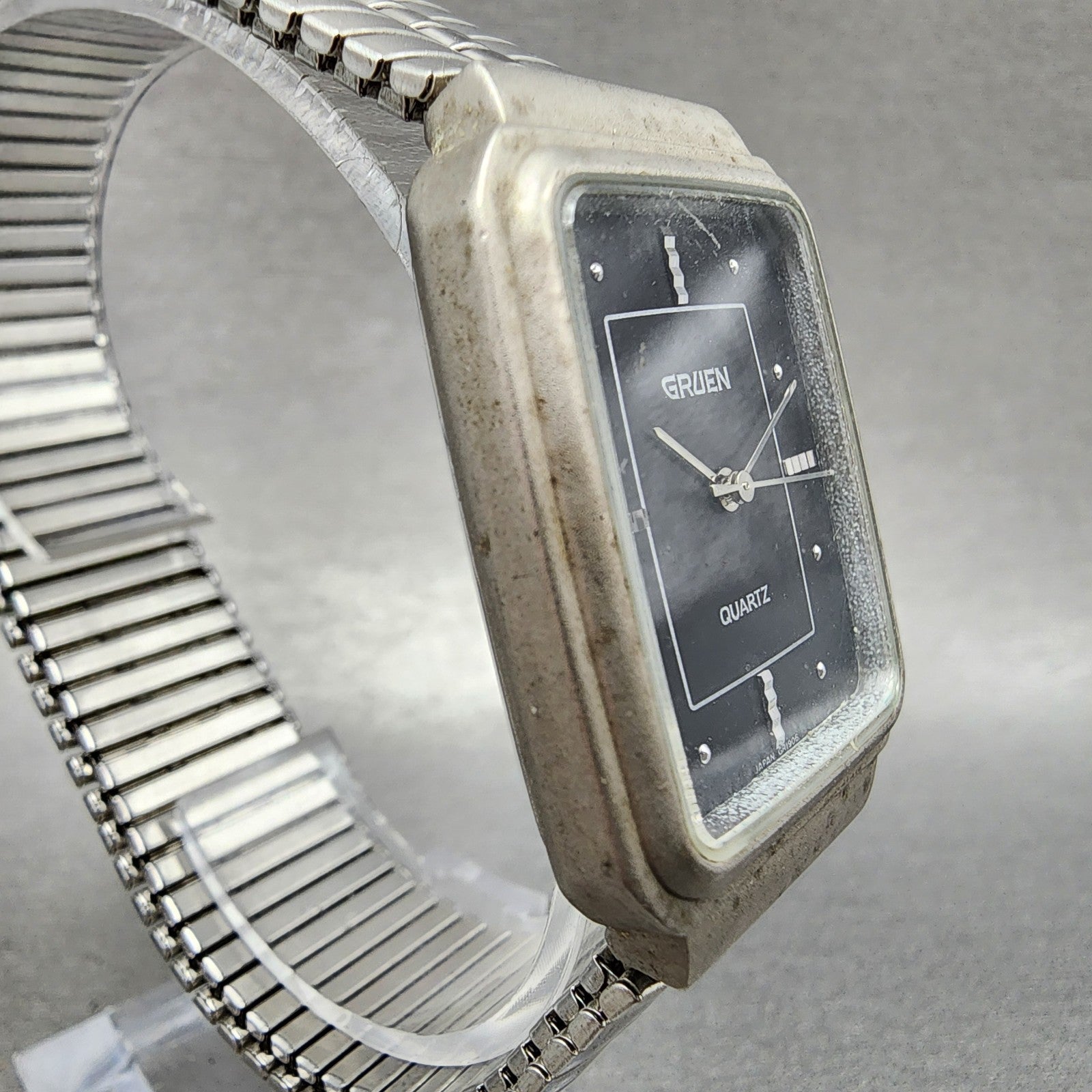 Gruen Tank Watch Men 28mm Black Dial Silver Tone Rectangle 192Y121 New Battery3