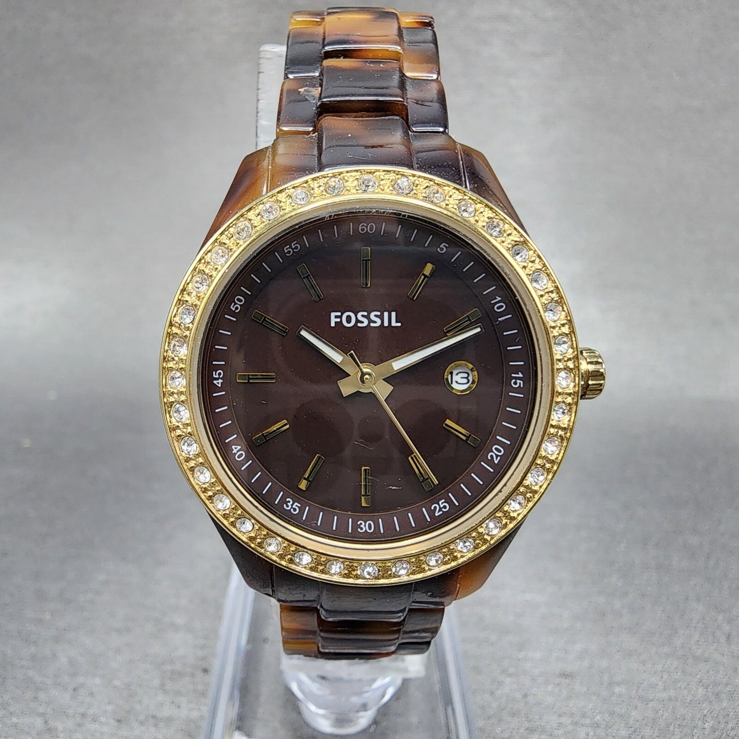 Fossil Stella Mini Watch Women 31mm Brown Dial Tortoise Resin Case Date New Batt0