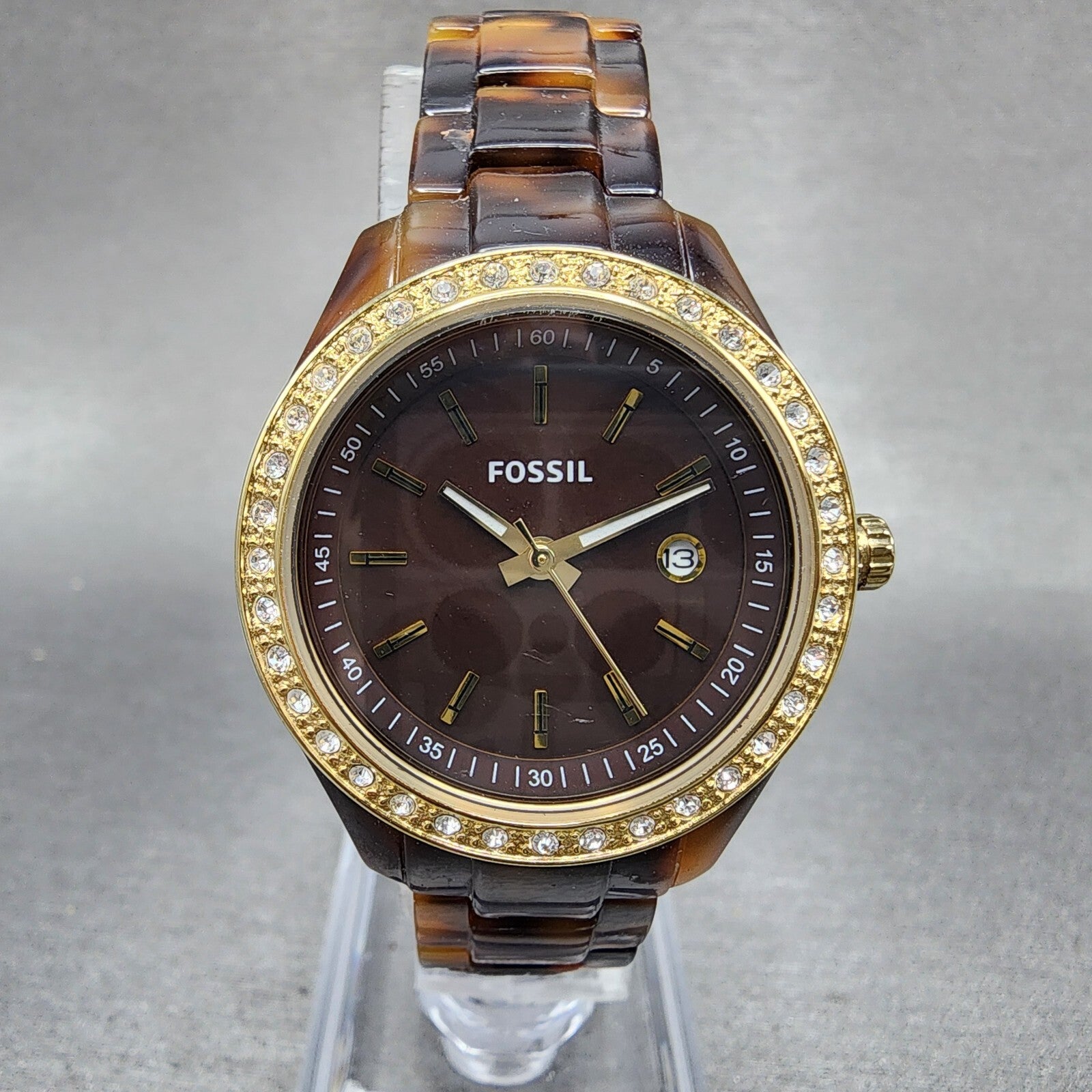 Fossil Stella Mini Watch Women 31mm Brown Dial Tortoise Resin Case Date New Batt0