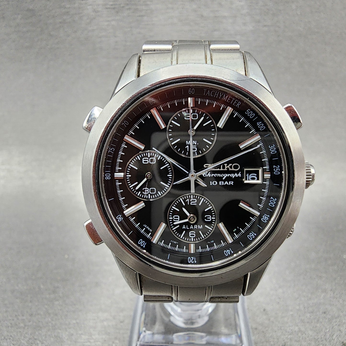 Seiko Chronograph Watch Men 37mm Black Dial Steel Date Alarm Round New Battery