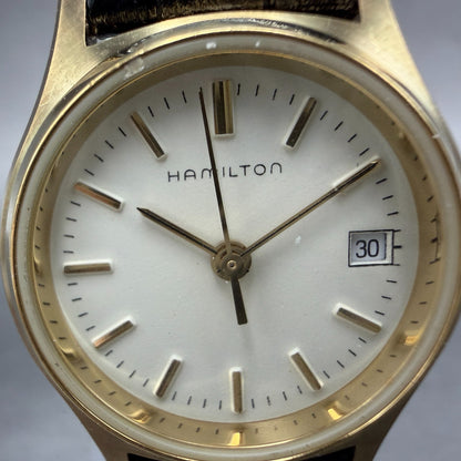 Hamilton Watch Women 24mm White Dial Gold Tone Date Round 9818 New Battery1