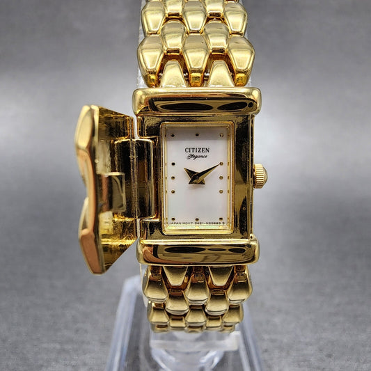 Citizen Elegance Tank Watch Women 15mm MOP Dial Gold Tone Hide Away New Battery