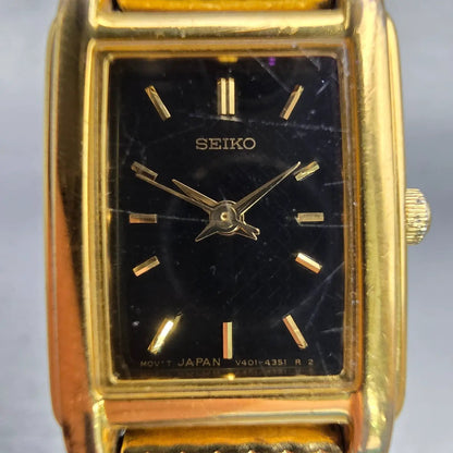 Seiko Watch Women 18mm Black Dial Gold Tone Rectangle V401-5650 New Battery VTG1