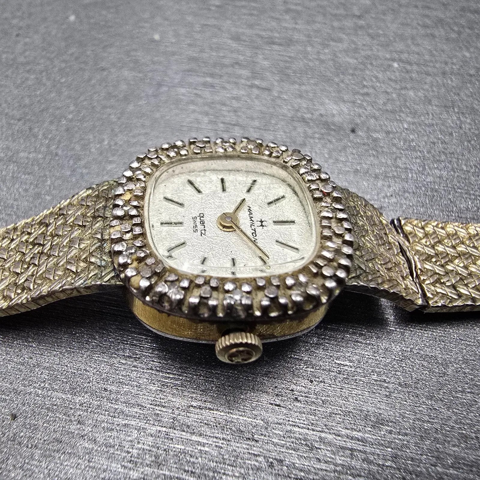 Hamilton Watch Women 18mm White Dial Gold Tone Rectangle Diamonds 8862 PARTS4