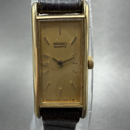 Seiko Tank Watch Women 12mm Champagne Dial Gold Tone 2E205239 New Battery1