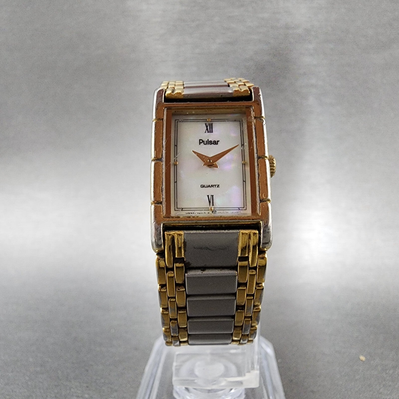 Pulsar Tank Watch Women 17mm MOP Dial Two Tone Rectangle V2326050 New Battery5