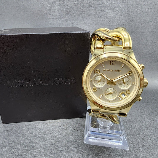 Michael Kors Runway Chronograph Watch Women 38mm Gold Dial Gold Tone New Battery0