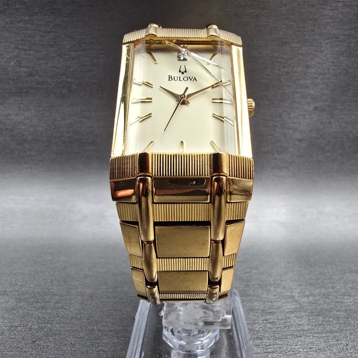 Bulova Watch Men 25mm Champagne Dial Gold Tone Rectangle 97F54 New Battery5