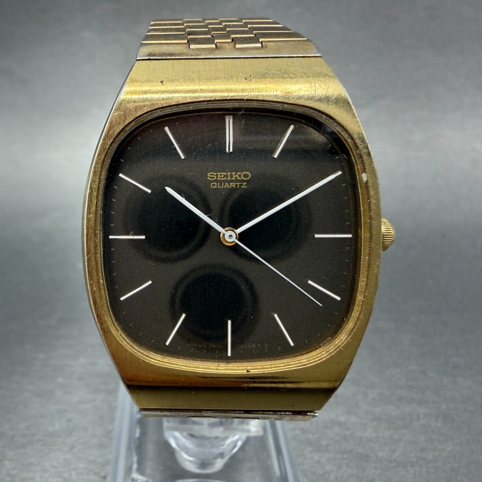 Seiko Watch Men 32mm Brown Dial Gold Tone Rectangle 7810-5069 New Battery VTG0