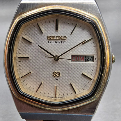 Seiko SQ Watch Men 34mm White Dial Two Tone Daydate Oval 7123-5250 New Battery1