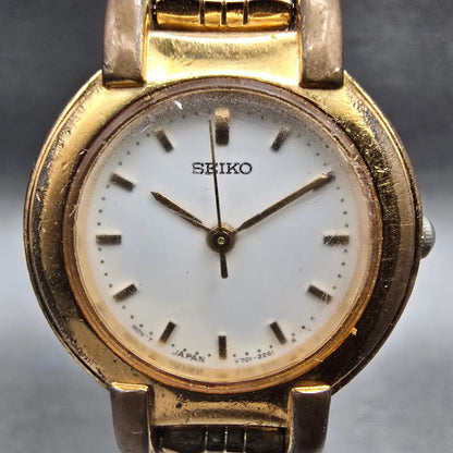 Seiko Watch Women 24mm White Dial Gold Tone Round V701-1781 New Battery VintageL1