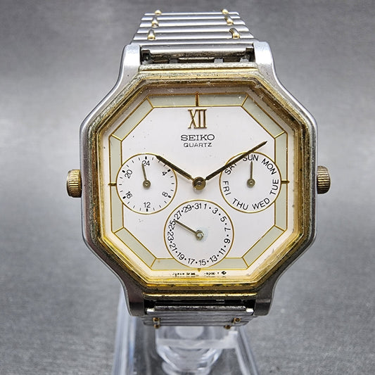 Seiko Watch Men 33mm White Dial Two Tone Daydate Octagon 7f265000 PARTS0
