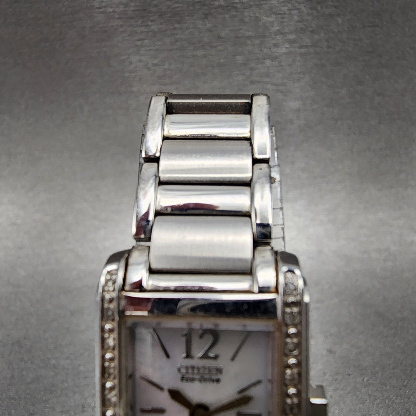 Citizen EcoDrive Tank Watch Women 19mm MOP Dial Silver Tone Diamond Bezel Runs4