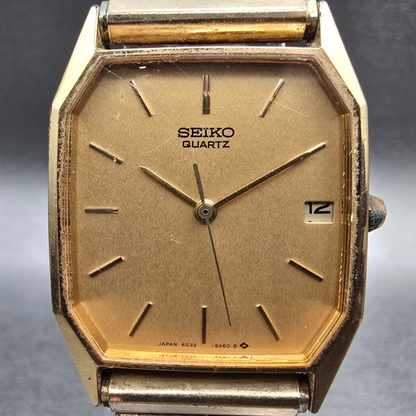 Seiko Watch Men 26mm Gold Dial Gold Tone Date Rectangle 6532-5310 New Battery1
