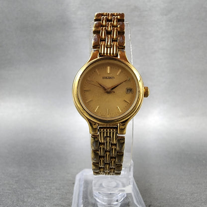 Seiko Watch Women 23mm Champagne Dial Gold Tone Date Round 7N820228 New Battery5