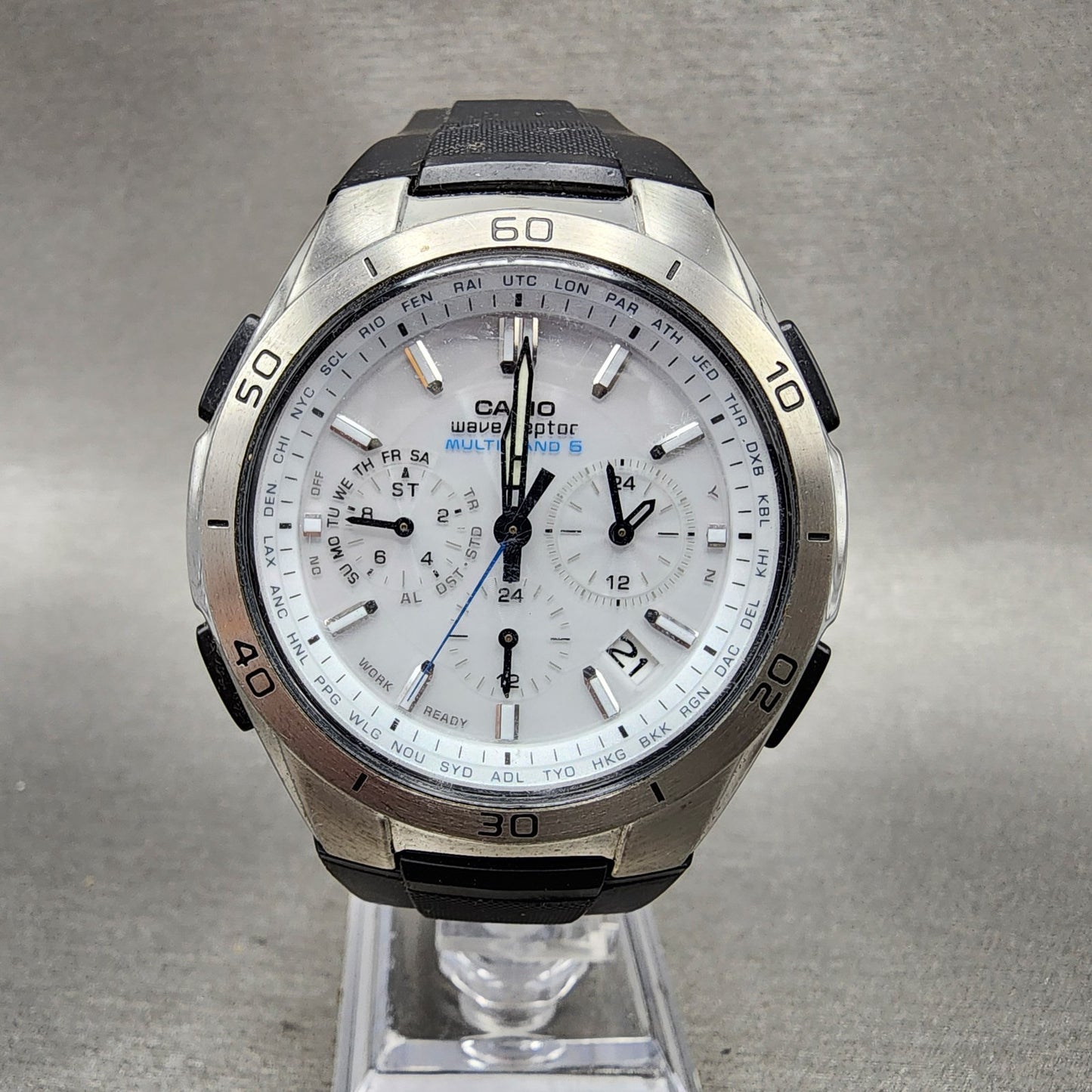 Casio Wave Ceptor Watch Men 43mm White Dial Black Tone Date Chrono Solar Runs0