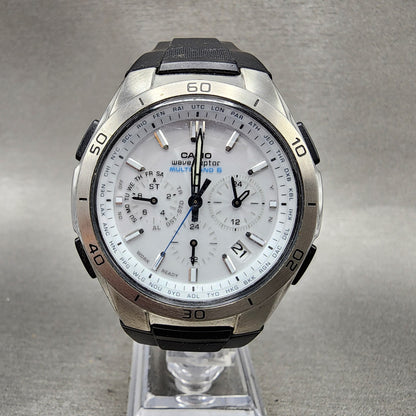 Casio Wave Ceptor Watch Men 43mm White Dial Black Tone Date Chrono Solar Runs0