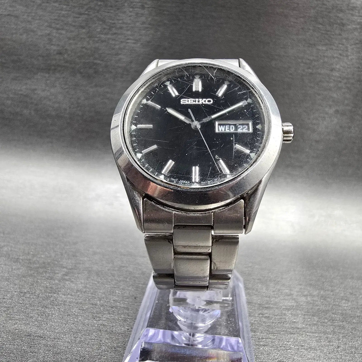 Seiko Watch Men 37mm Black Dial Silver Tone Daydate Round 7N43-9070 New Battery5