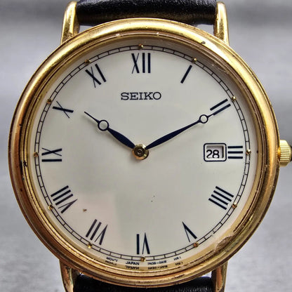 Seiko Watch Men 34mm Ivory Dial Gold Tone Date Round 7N39-0A19 New Battery VTG1