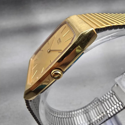 Seiko Watch Men 26mm Gold Dial Gold Tone Rectangle 6530-5089 New Battery Vintage2