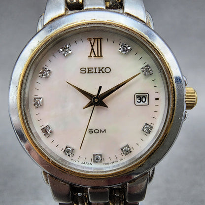 Seiko Watch Women 27mm MOP Dial Two Tone Date Round 7N820BR0 New Battery1