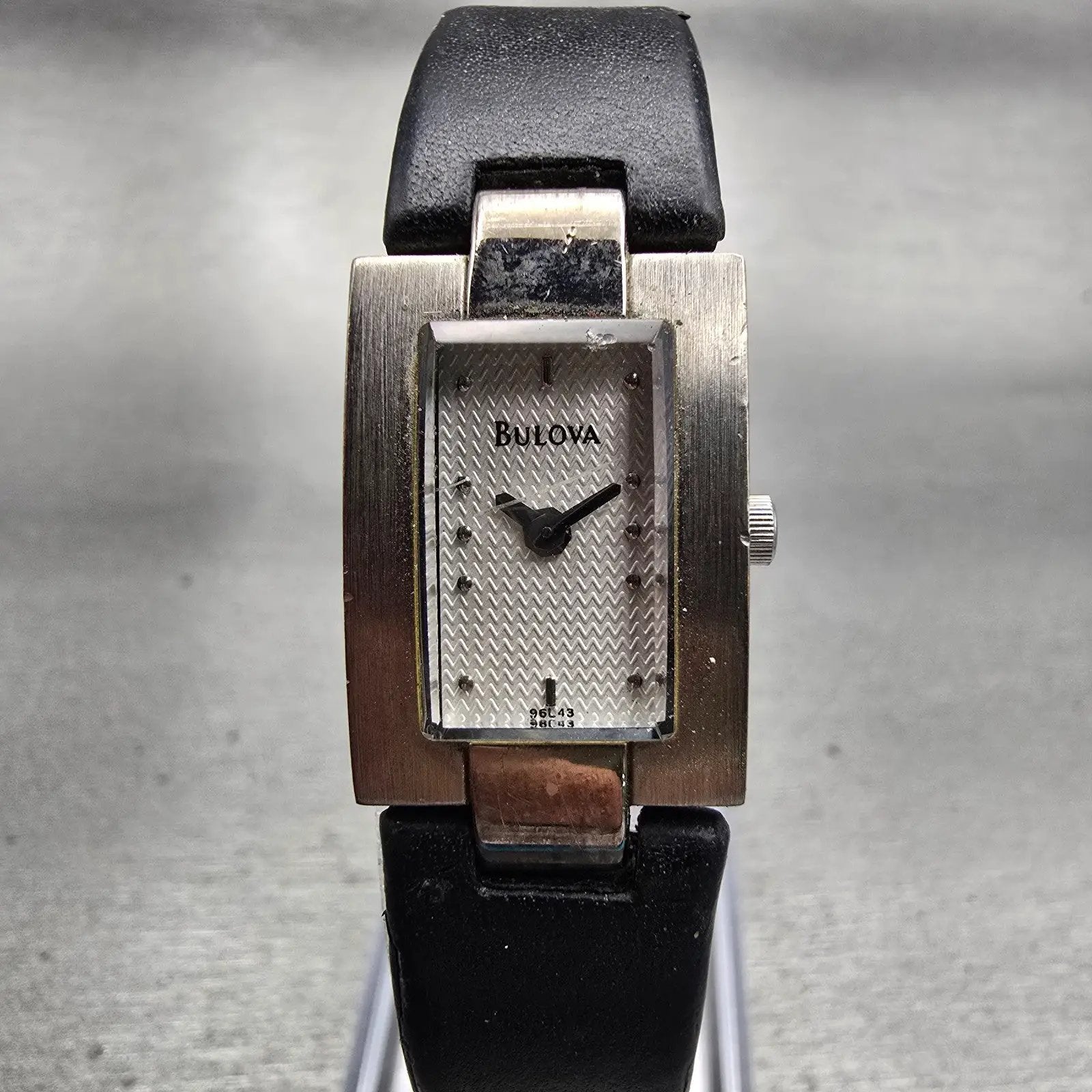 Bulova Watch Women 16mm Silver Dial Silver Tone Rectangle 96L43 New Battery0