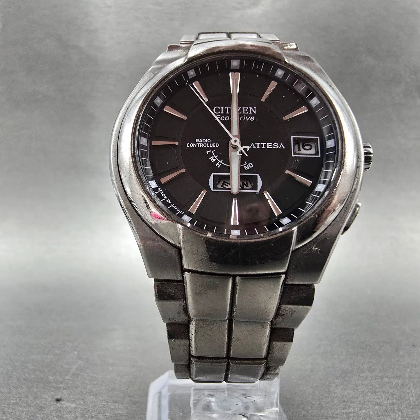Citizen Eco-Drive Attesa Watch Men 39mm Black Dial Titanium Atomic Daydate PARTS6