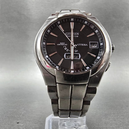 Citizen Eco-Drive Attesa Watch Men 39mm Black Dial Titanium Atomic Daydate PARTS6