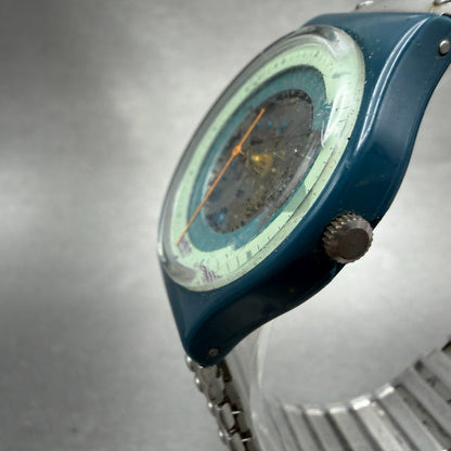 Swatch Steel Lite Watch Men 34mm Skeleton Dial Blue Tone Round New Batt2