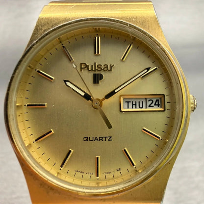 Seiko Pulsar Watch Men 34mm Champagne Dial Gold Tone Daydate V348-7009 New Battl1