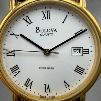 Bulova Watch Men 34mm White Dial Gold Tone Date Round 97B13 New Battery Vintage1